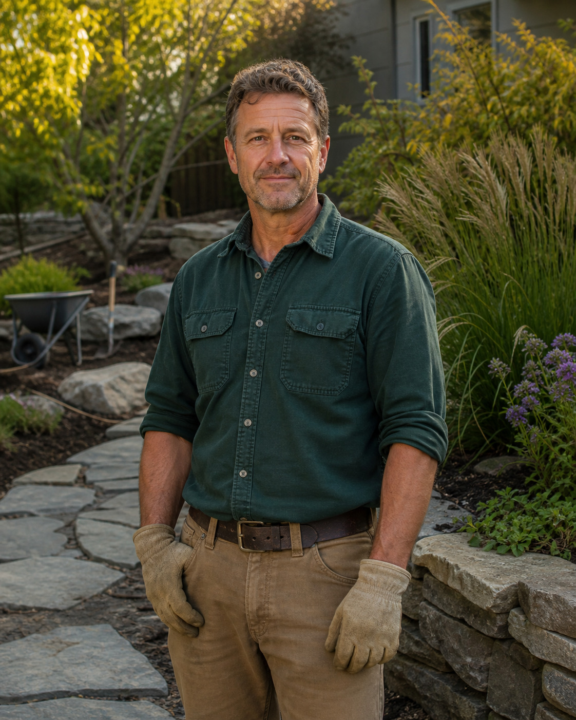 a landscaping professional in a landscaped residential yard