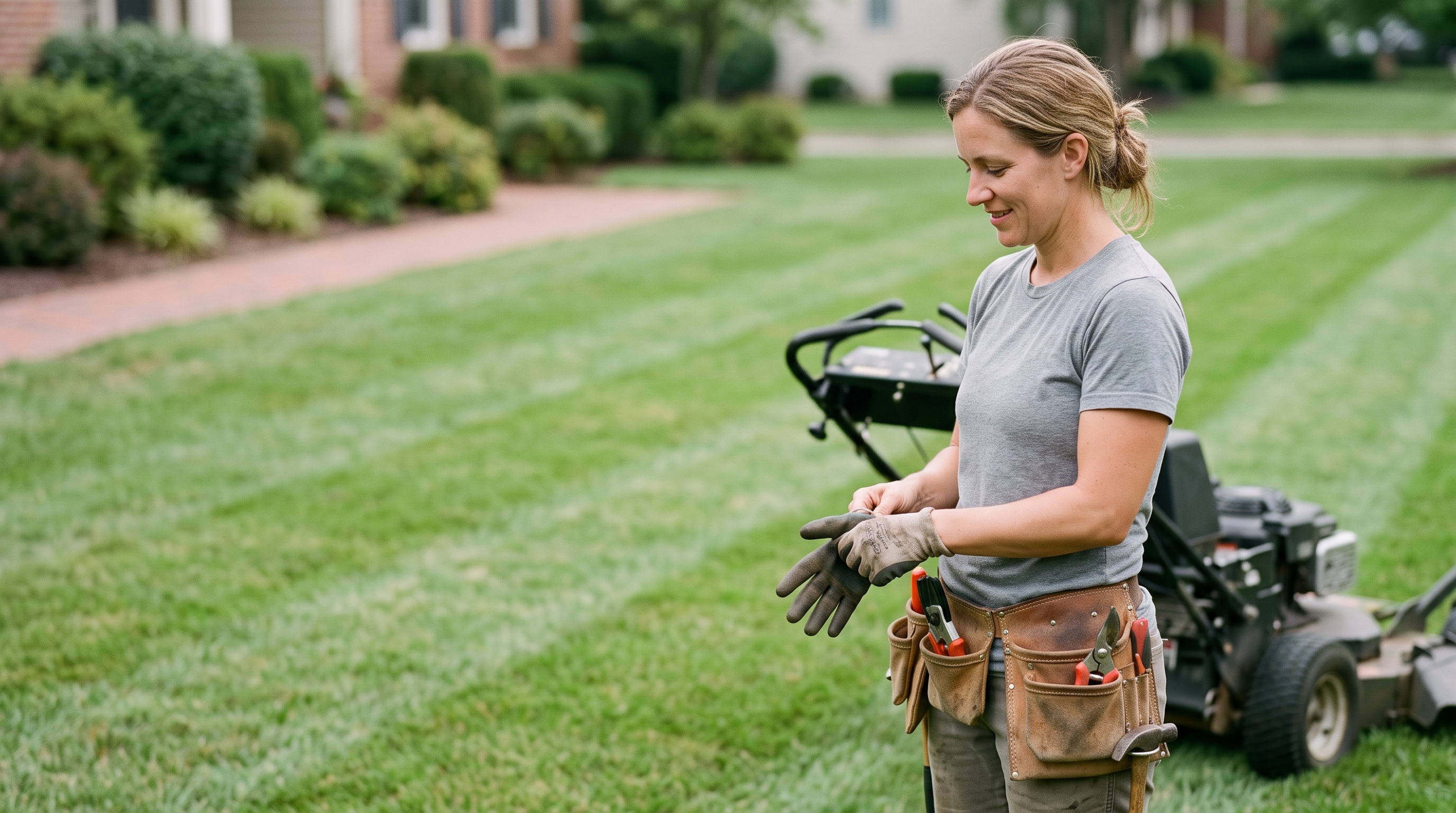 a landscaping professional in a landscaped residential yard