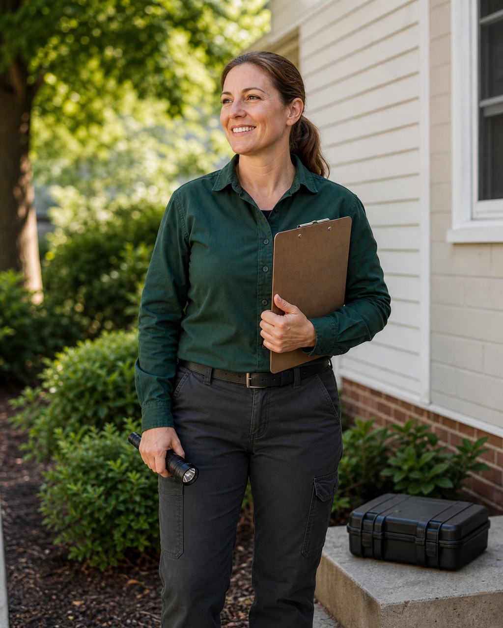 a pest control technician inspecting the exterior of a home