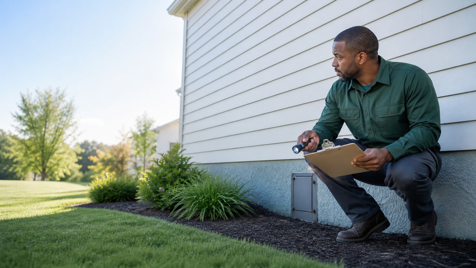 a pest control technician inspecting the exterior of a home