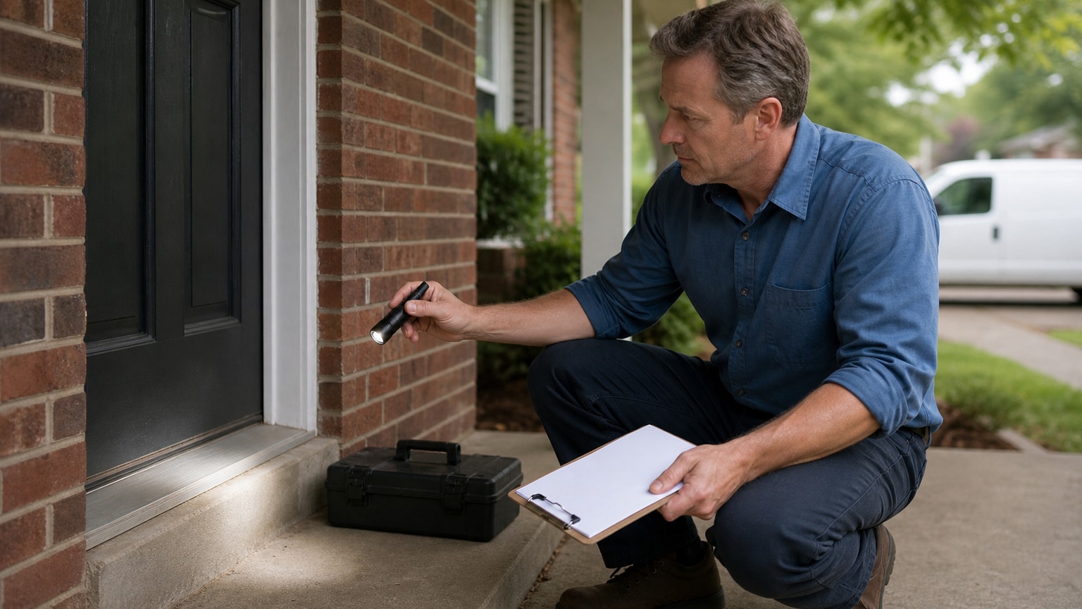 a pest control technician inspecting the exterior of a home