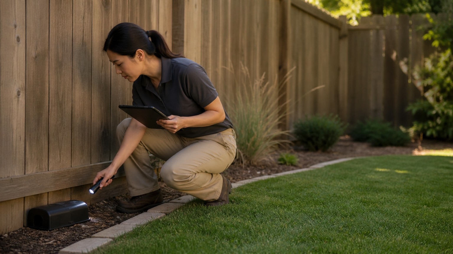 a pest control technician inspecting the exterior of a home