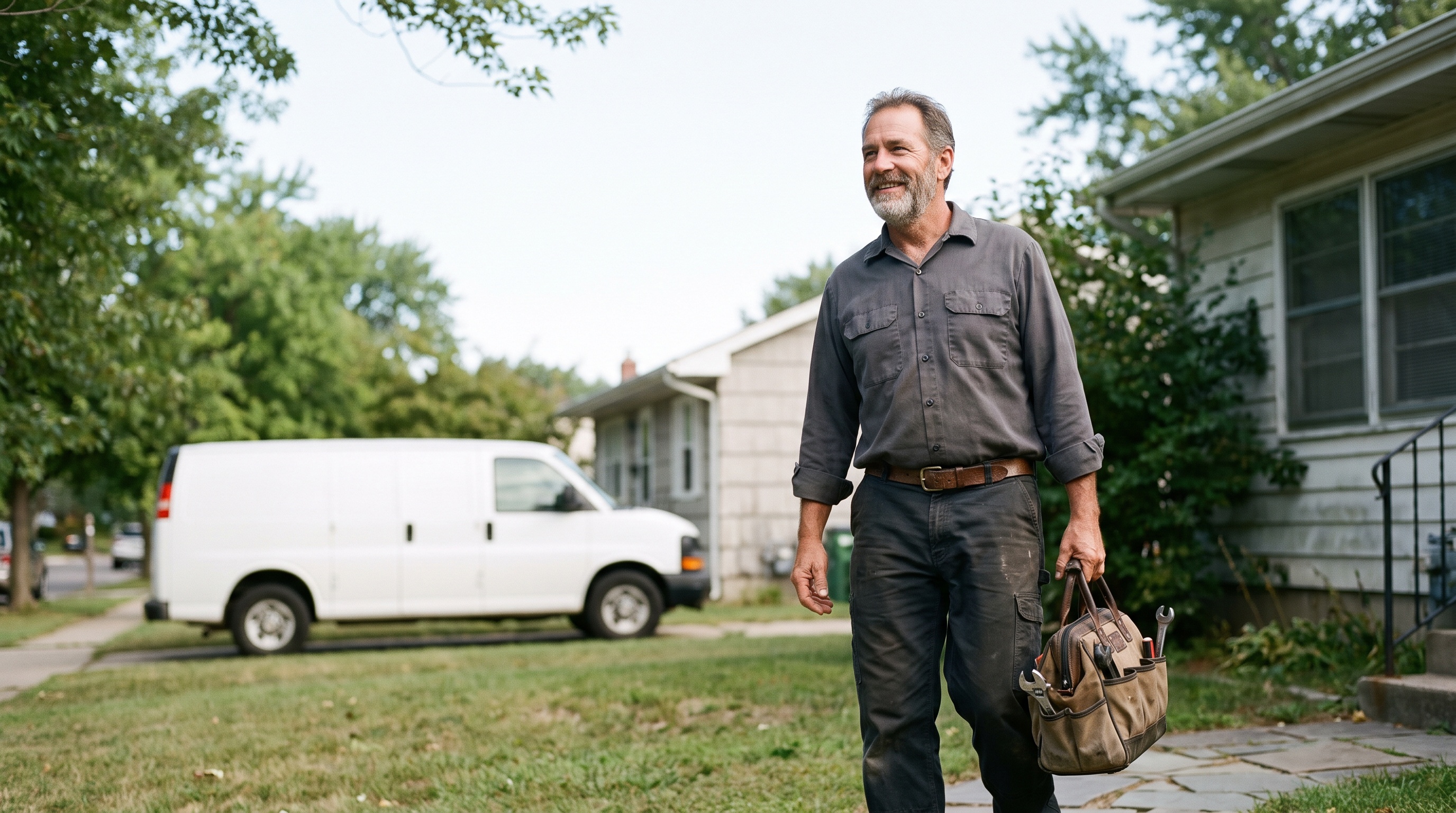 A plumber beside a service van in a suburban driveway