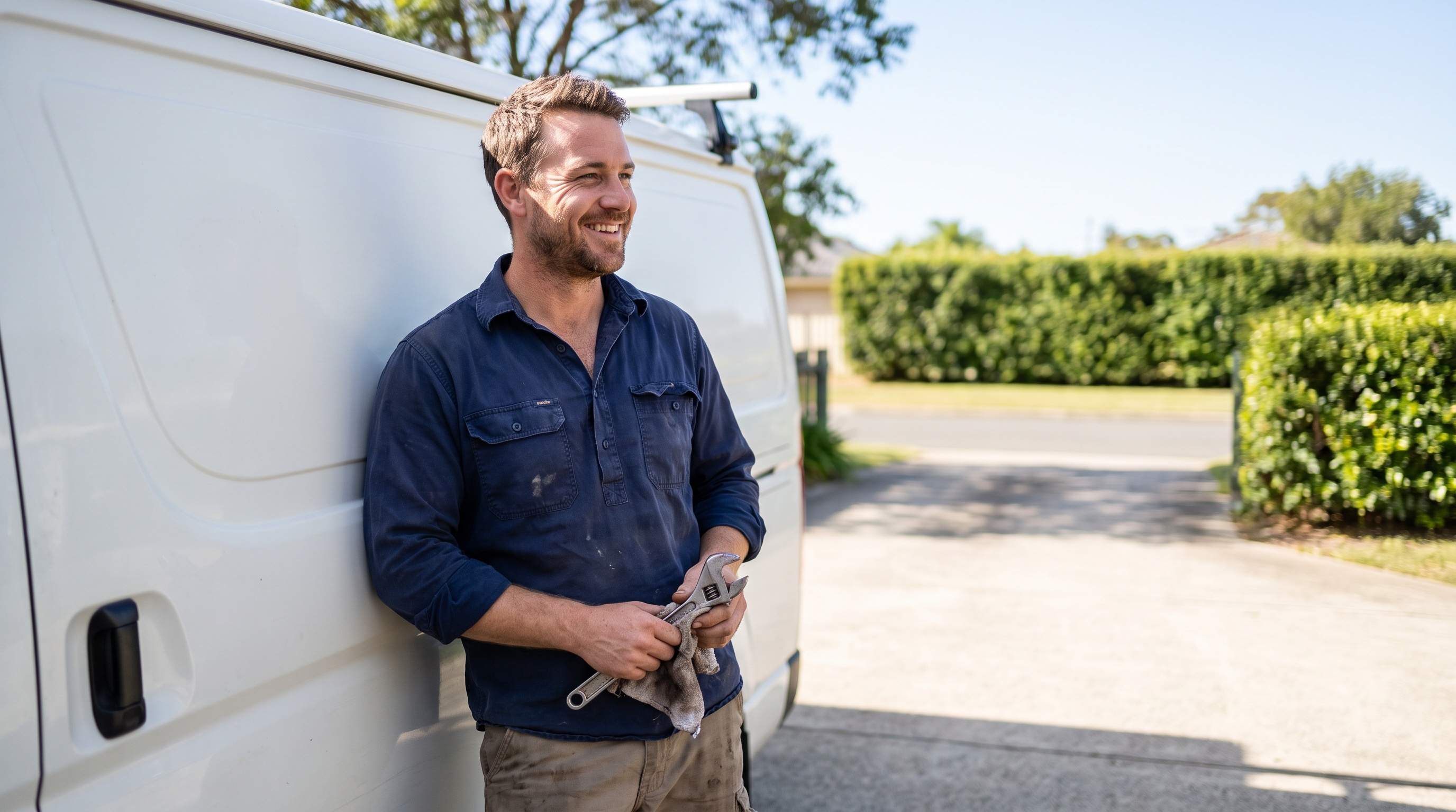 a plumber beside a service van in a suburban driveway