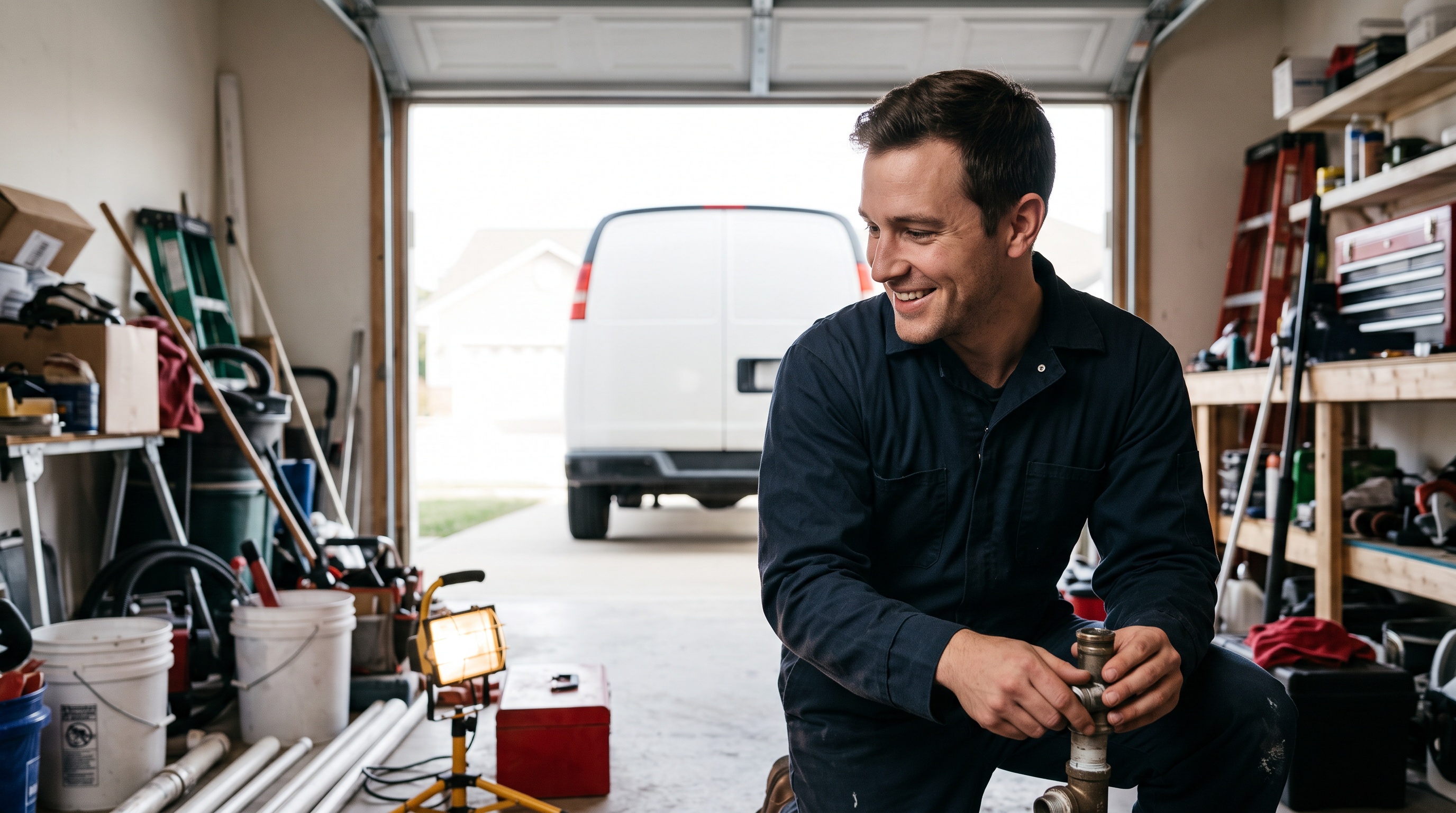 a plumber beside a service van in a suburban driveway