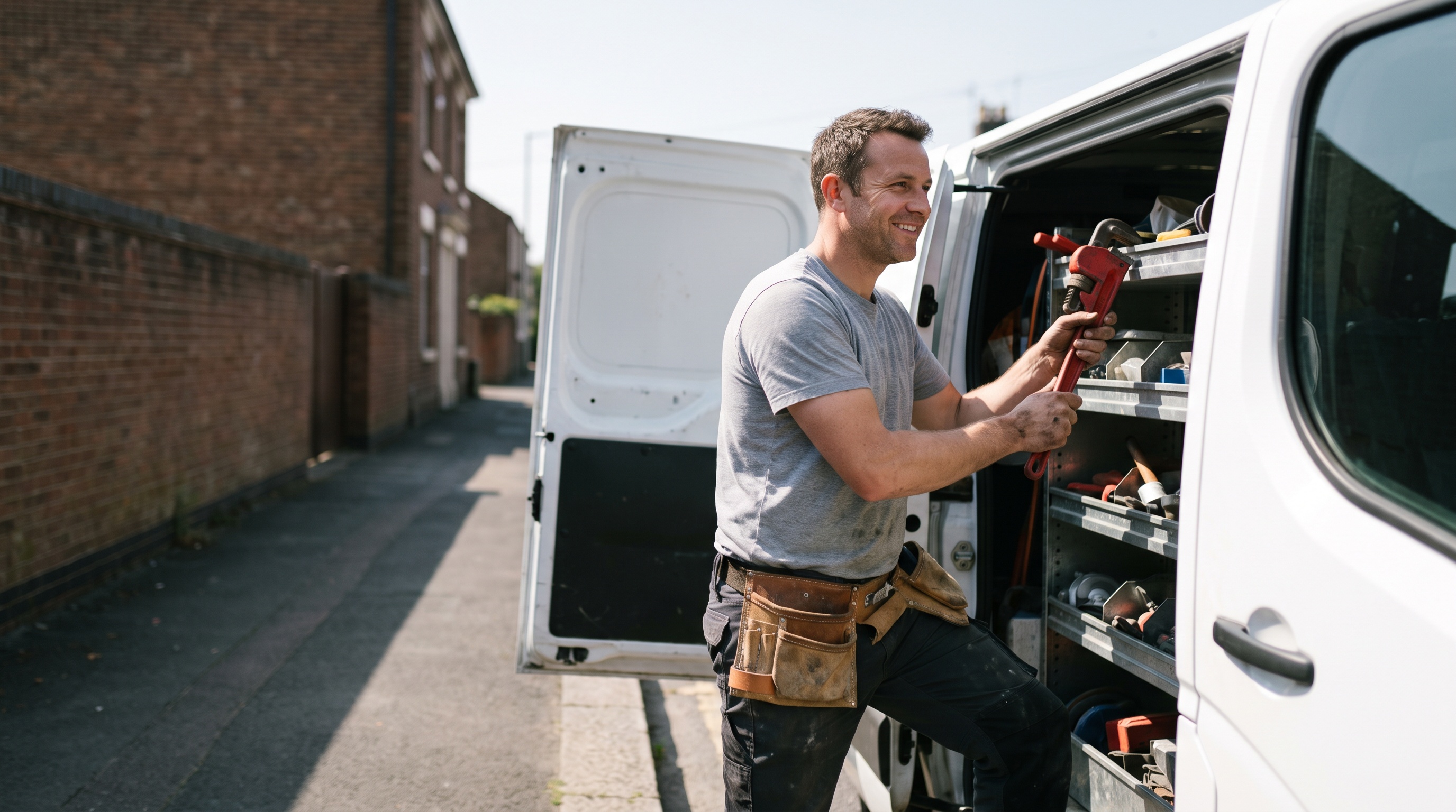 a plumber beside a service van in a suburban driveway
