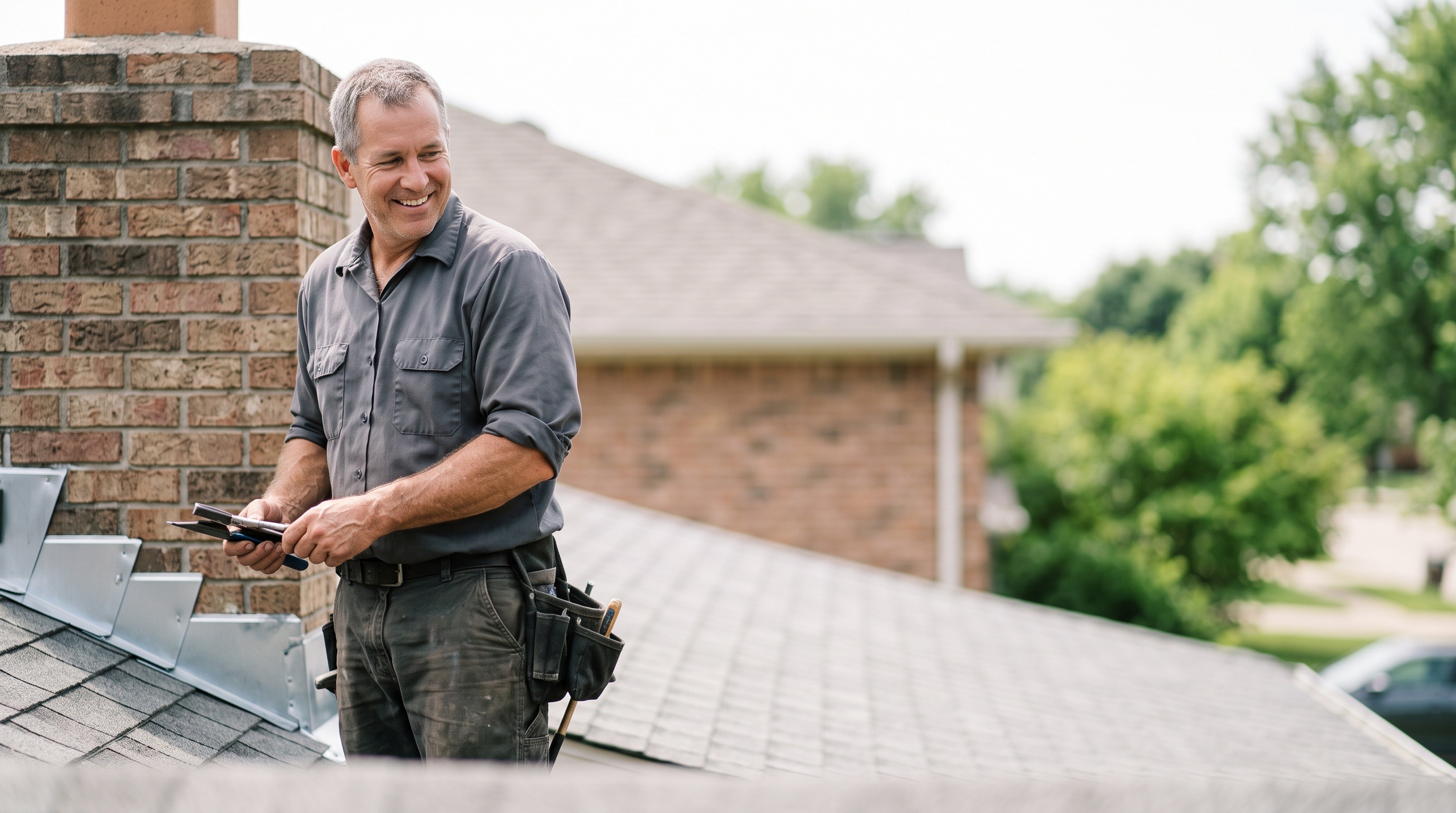 a roofing professional standing on a residential roof