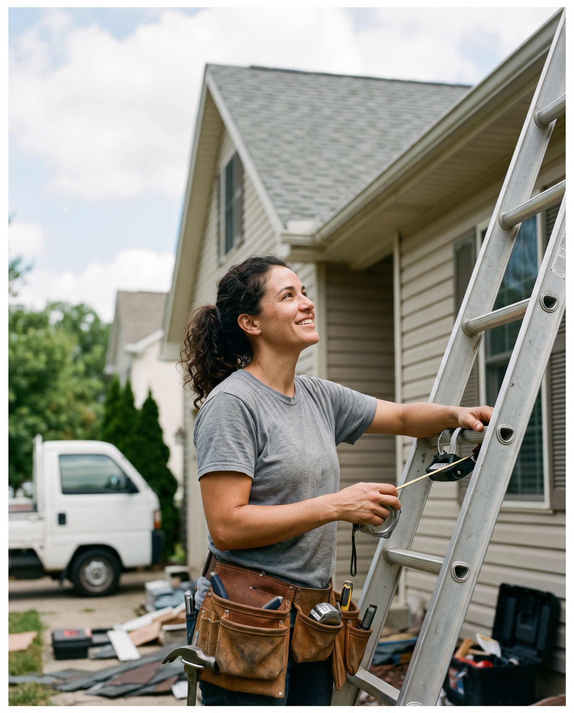 a roofing professional standing on a residential roof