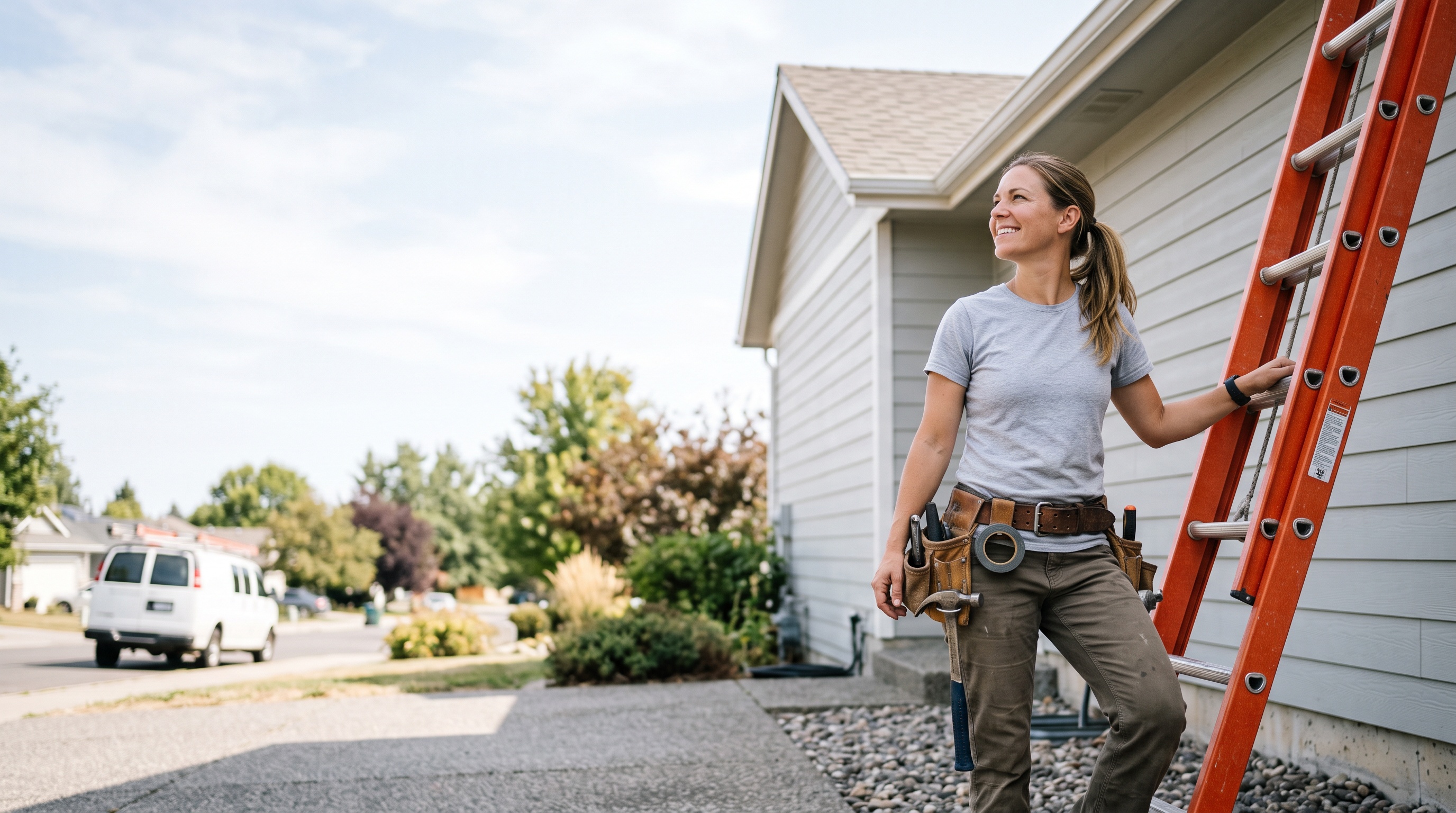 a roofing professional standing on a residential roof