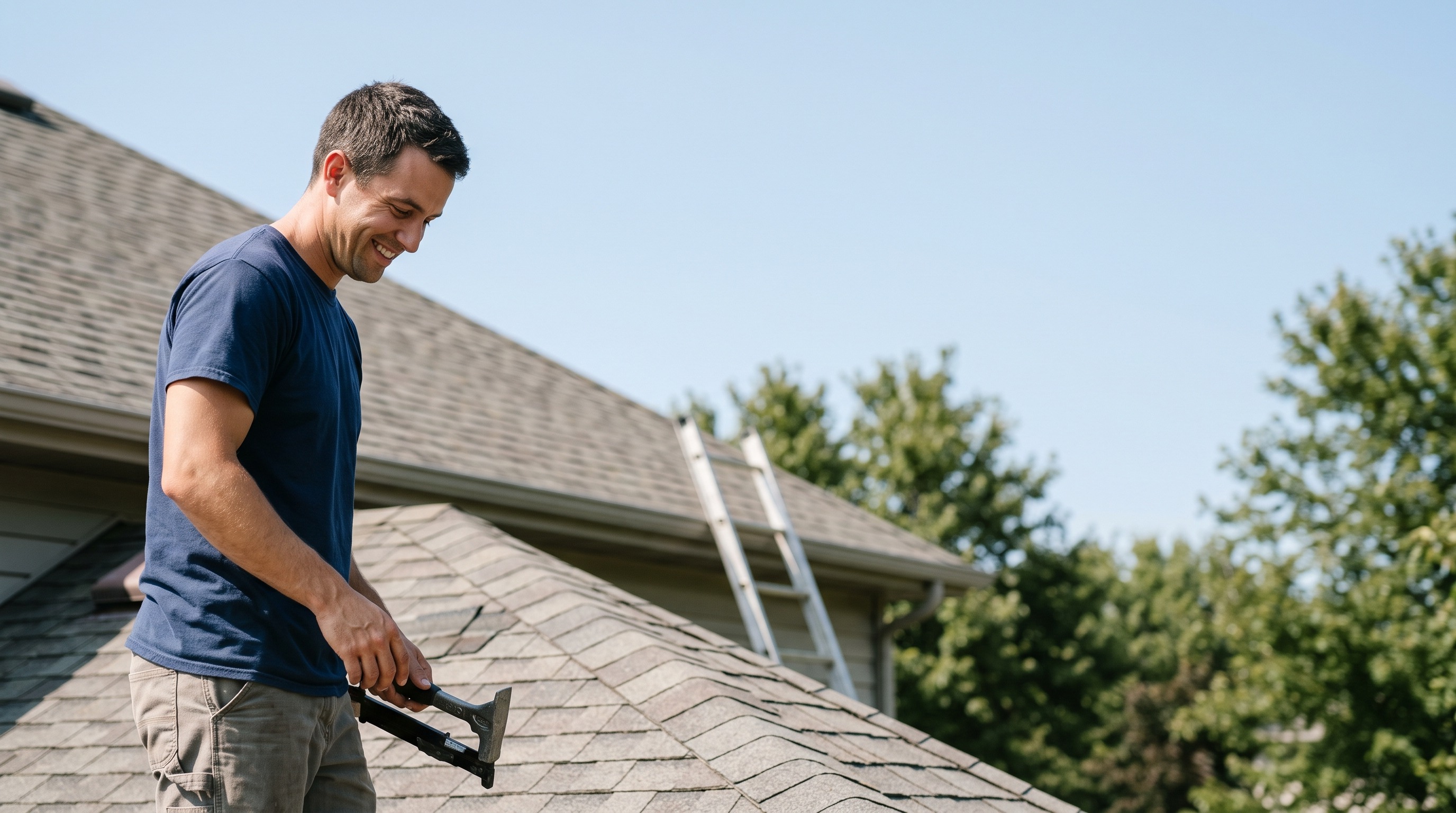 a roofing professional standing on a residential roof