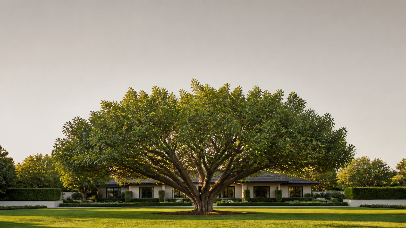 a tree service professional in a residential yard beside a mature tree