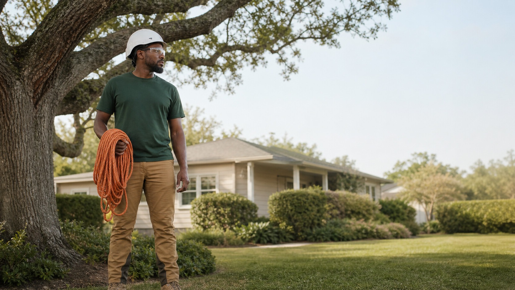 a tree service professional in a residential yard beside a mature tree