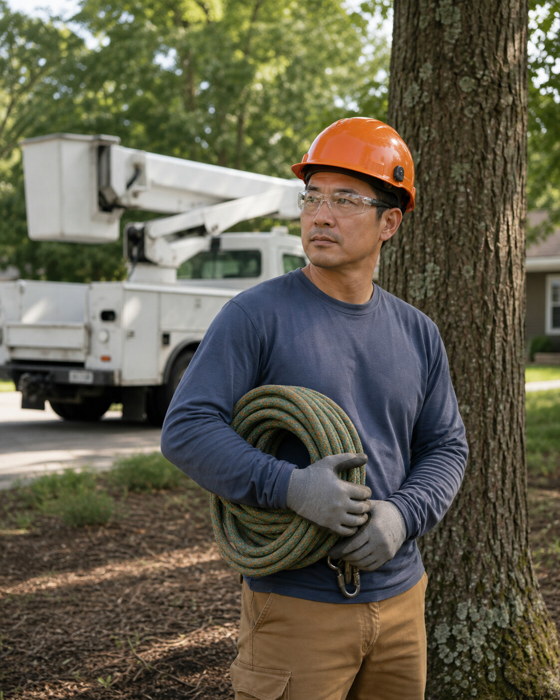 a tree service professional in a residential yard beside a mature tree