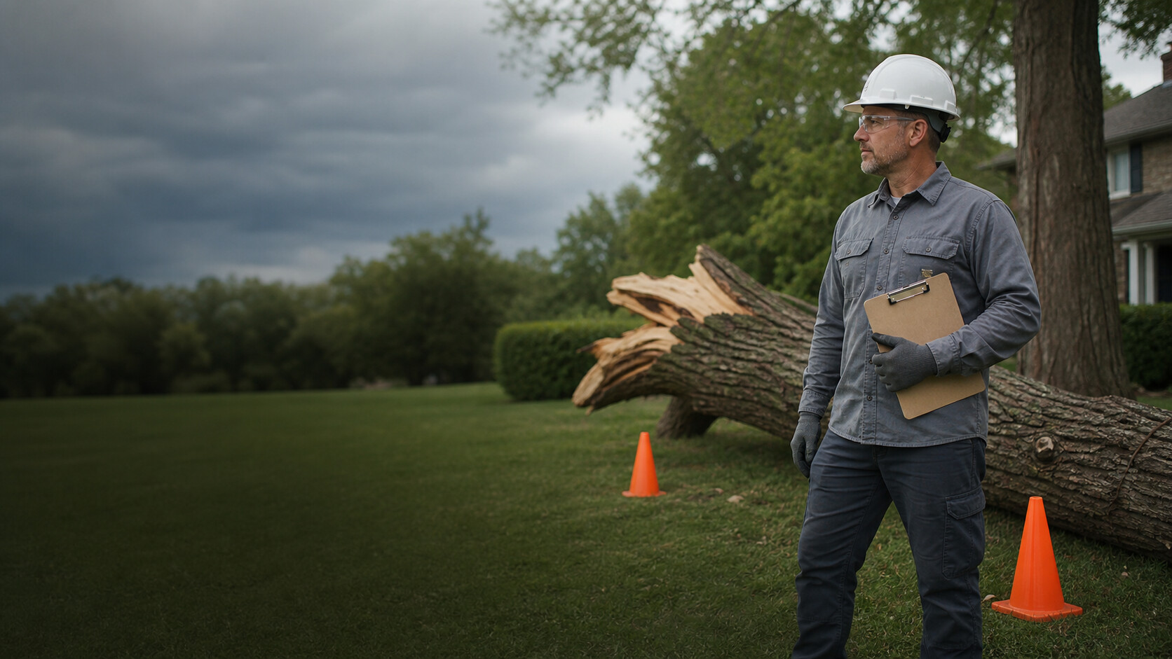 a tree service professional in a residential yard beside a mature tree