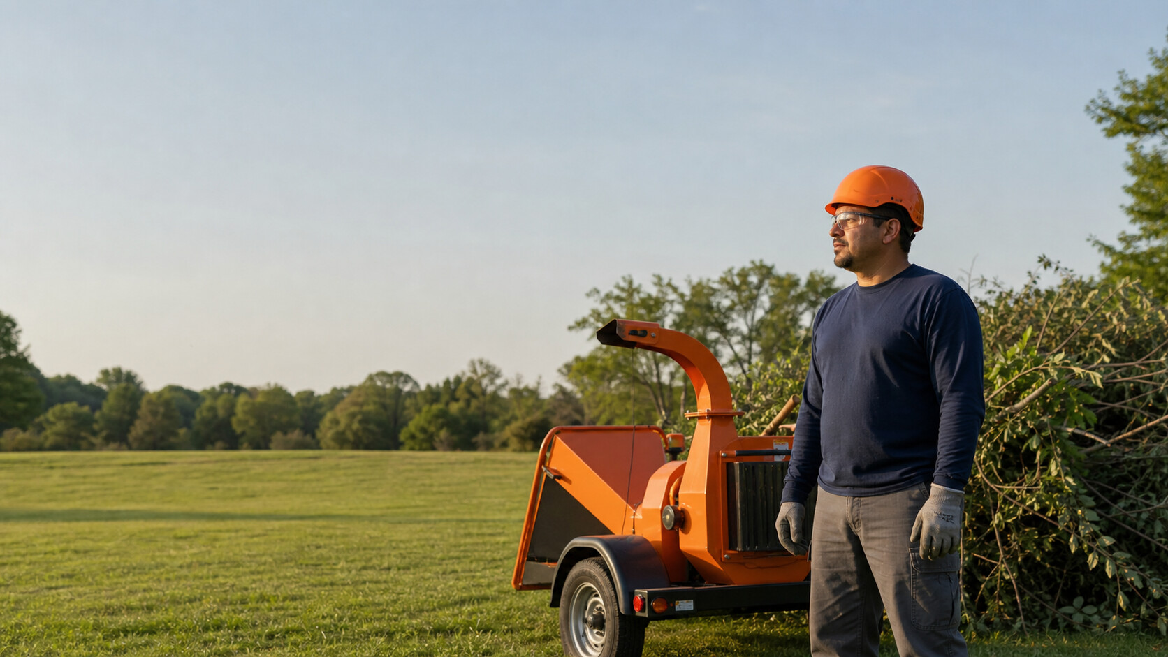 a tree service professional in a residential yard beside a mature tree