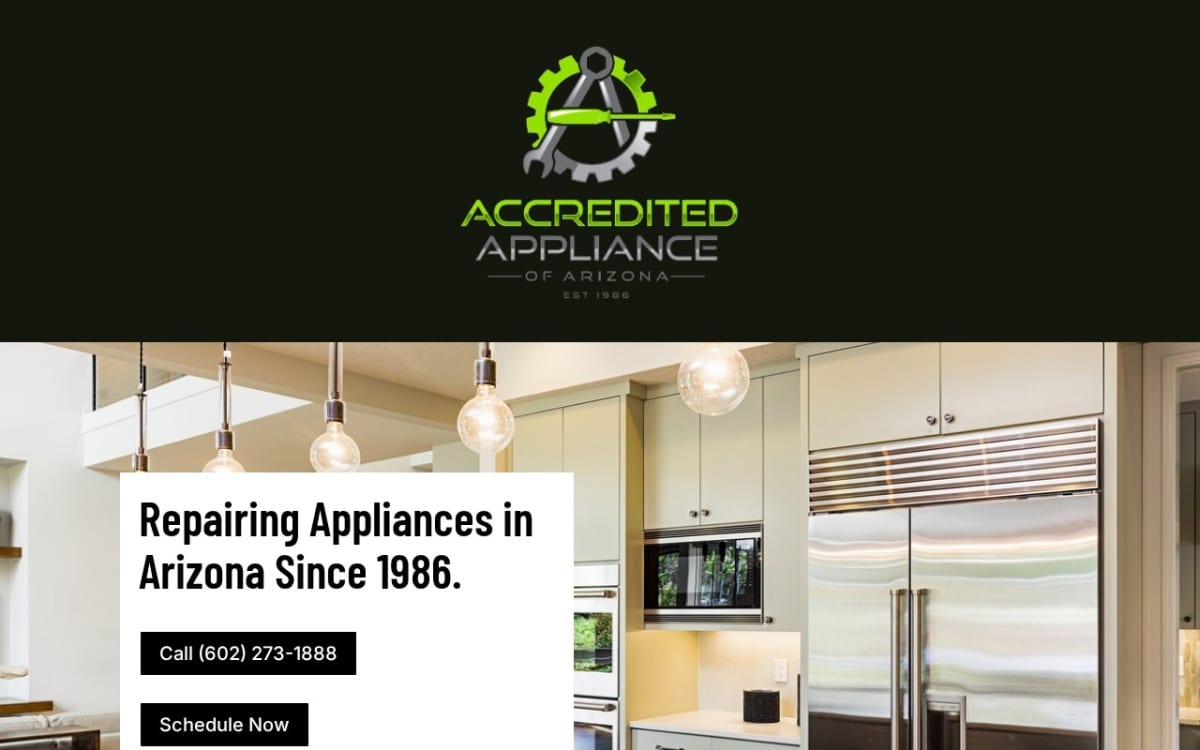 Accredited Appliance of Arizona appliance repair website homepage