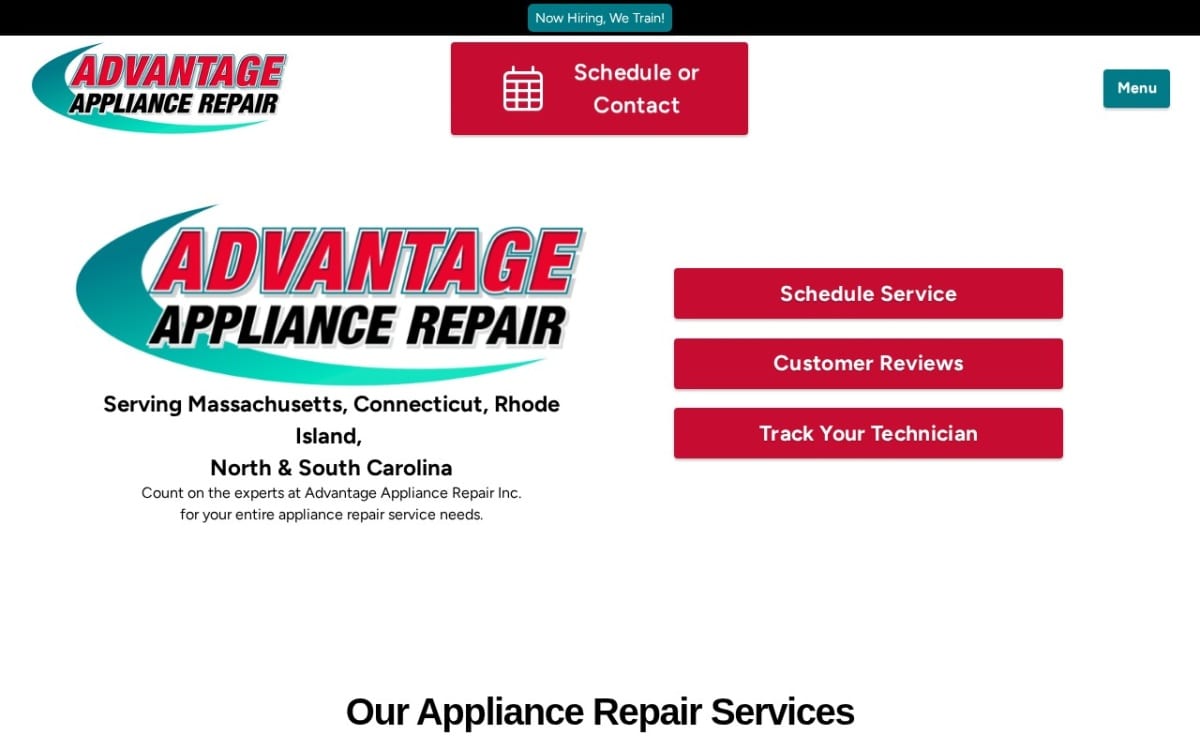 Advantage Appliance Repair Inc. appliance repair website homepage