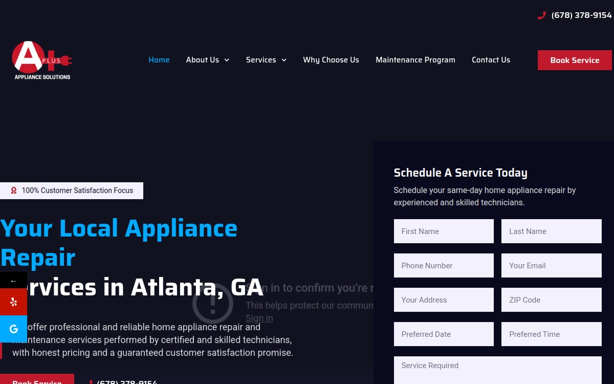 A Plus Appliance Solutions appliance repair website homepage