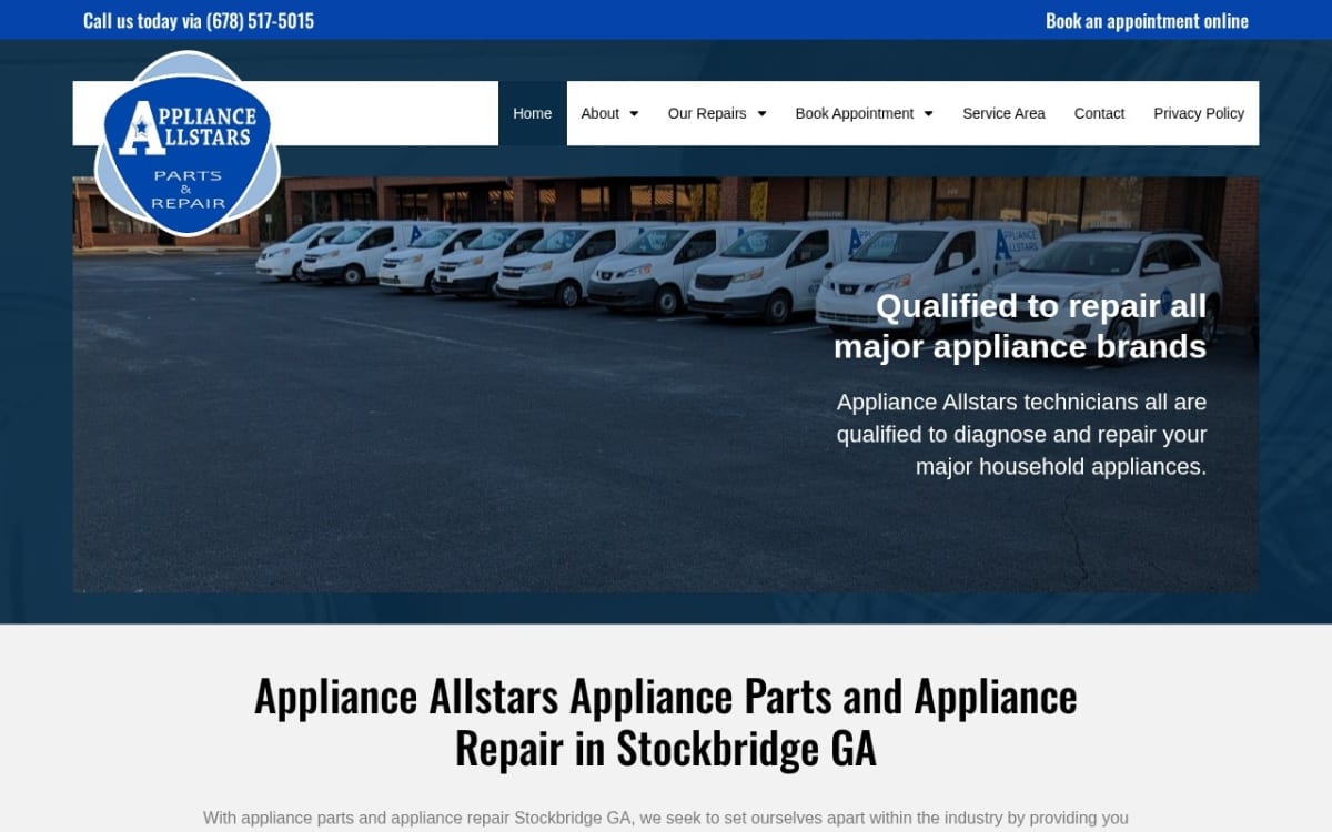 Appliance Allstars appliance repair website homepage