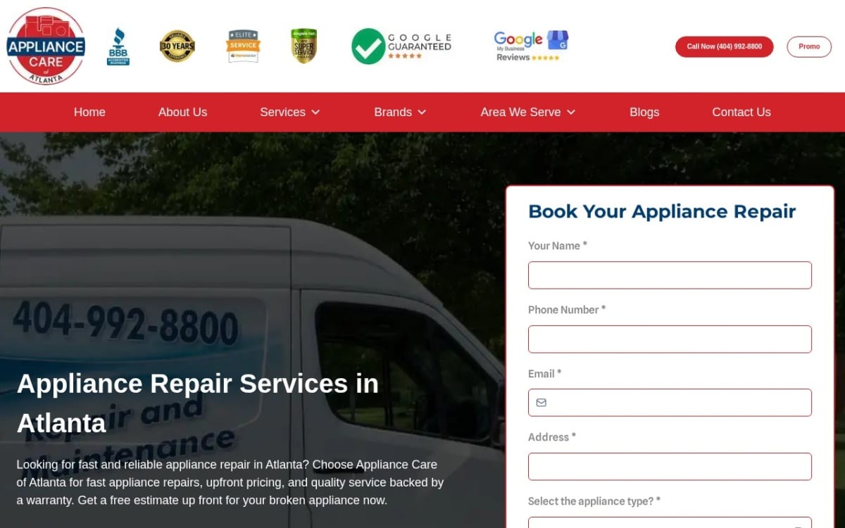 Appliance Care of Atlanta appliance repair website homepage