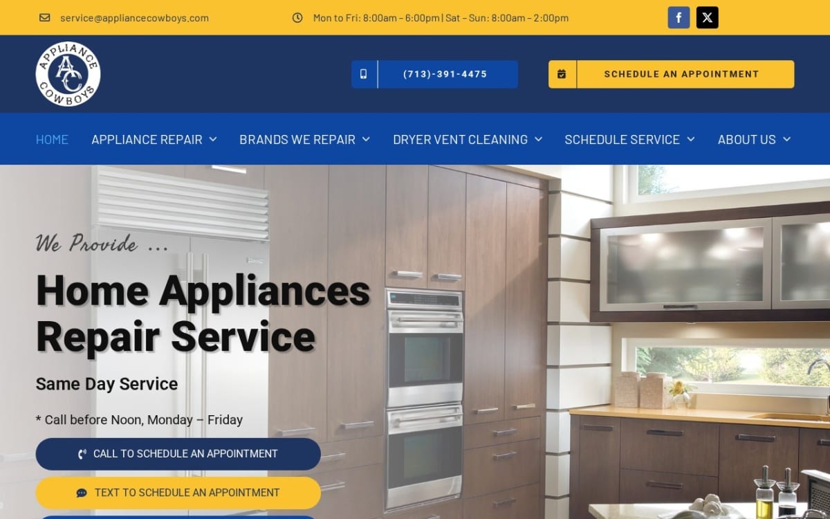 Appliance Cowboys appliance repair website homepage