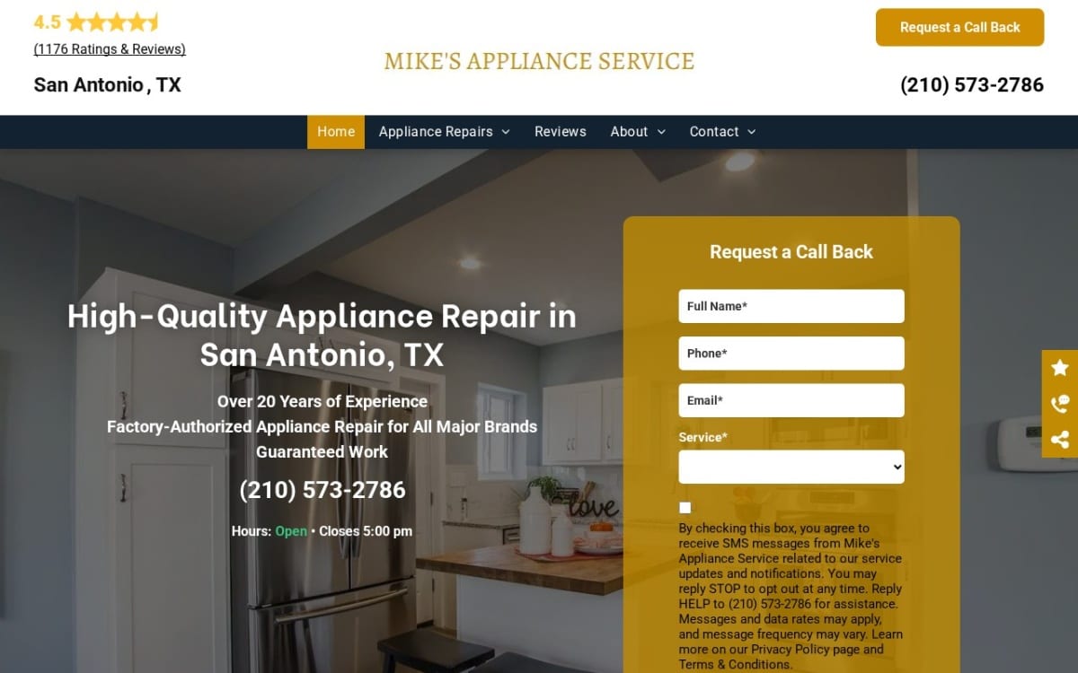 Mike's Appliance Service appliance repair website homepage