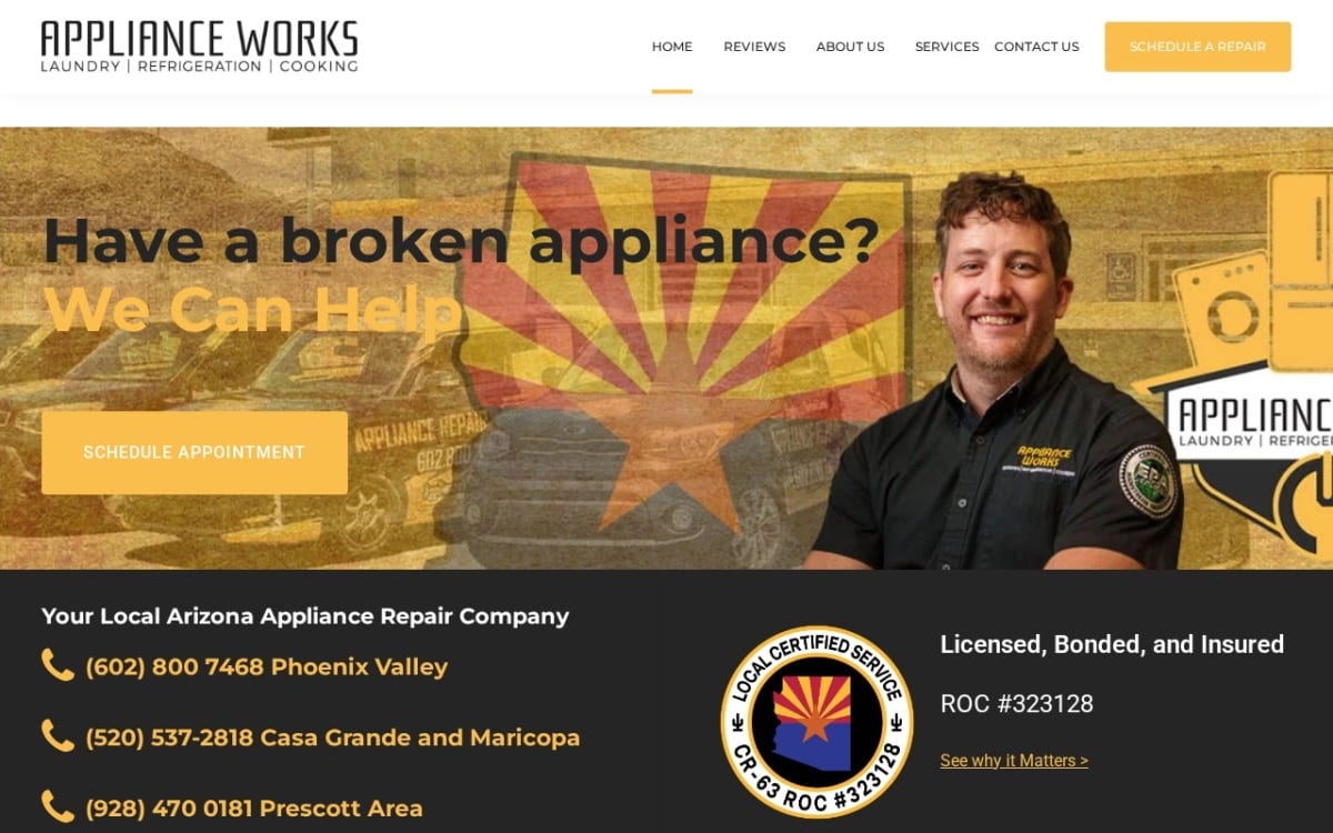 Appliance Works appliance repair website homepage