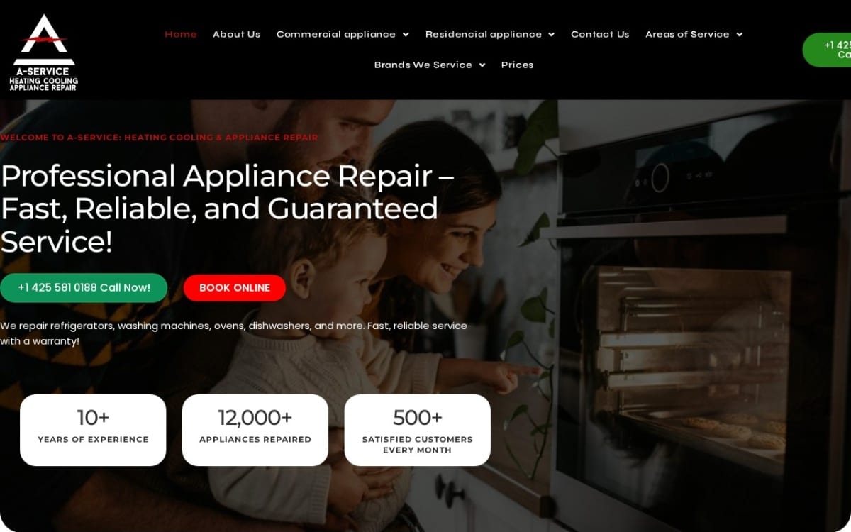 A-Service: Heating, Cooling & Appliance Repair appliance repair website homepage