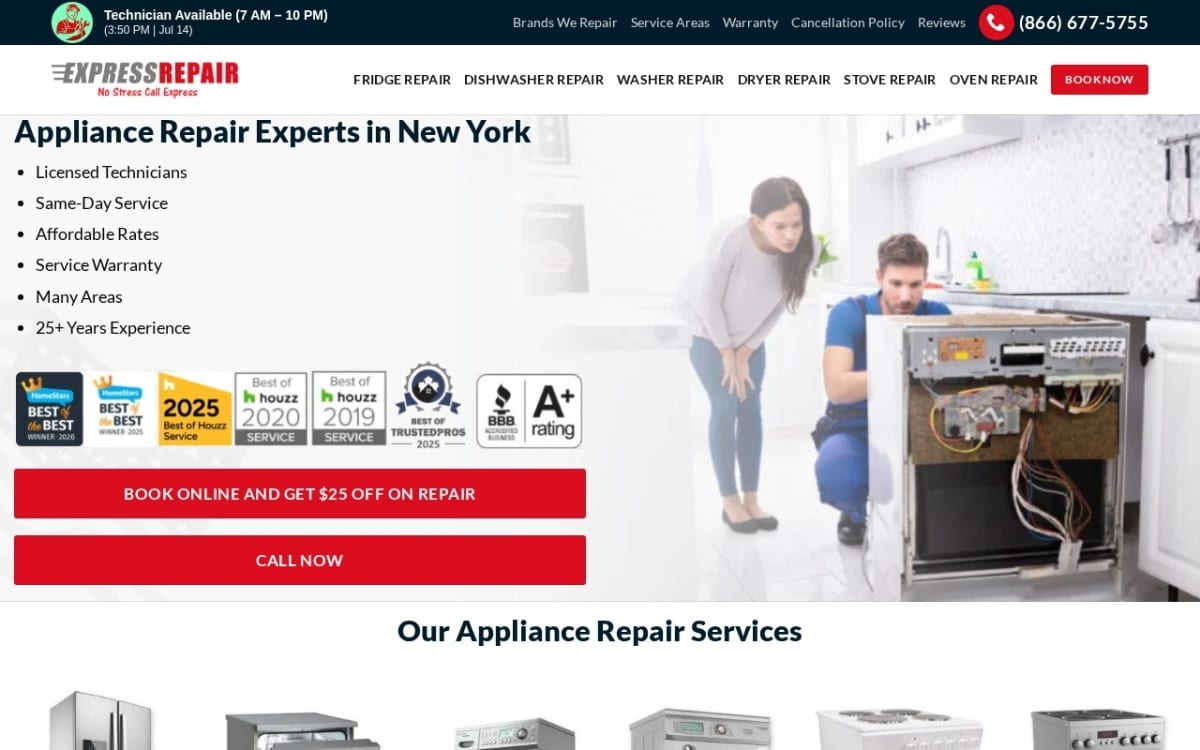 Express Repair New York appliance repair website homepage