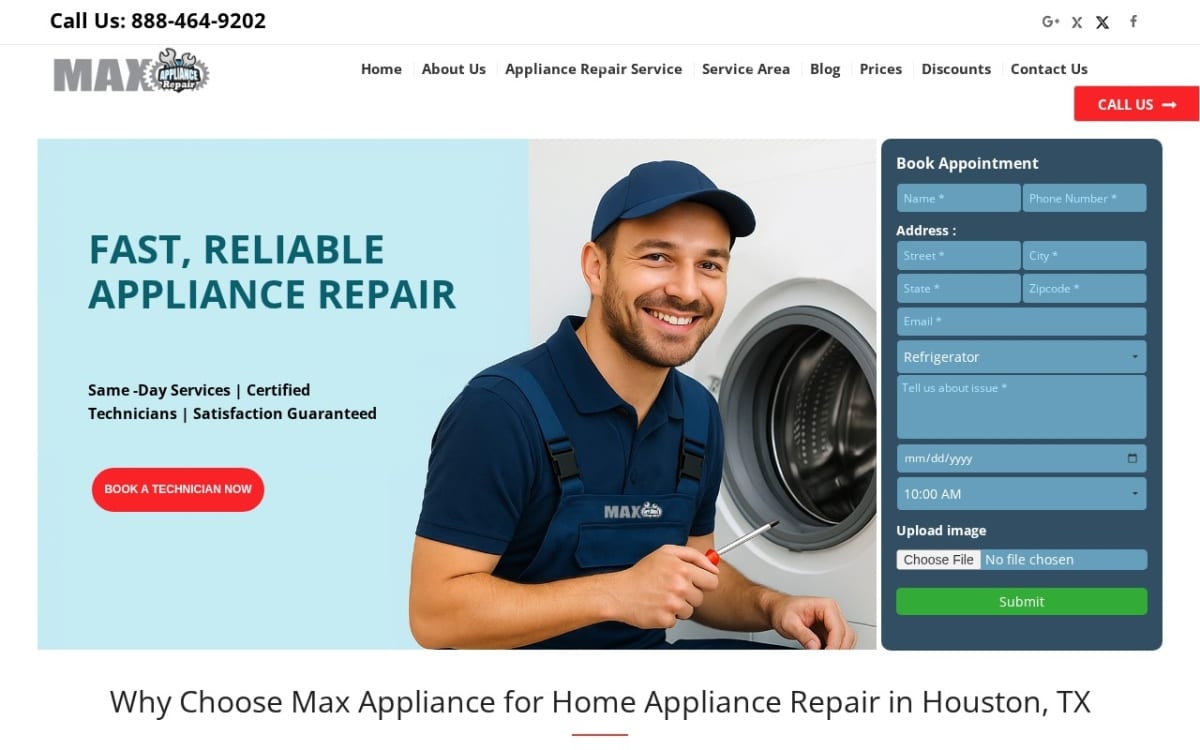 Max Appliance Repair appliance repair website homepage