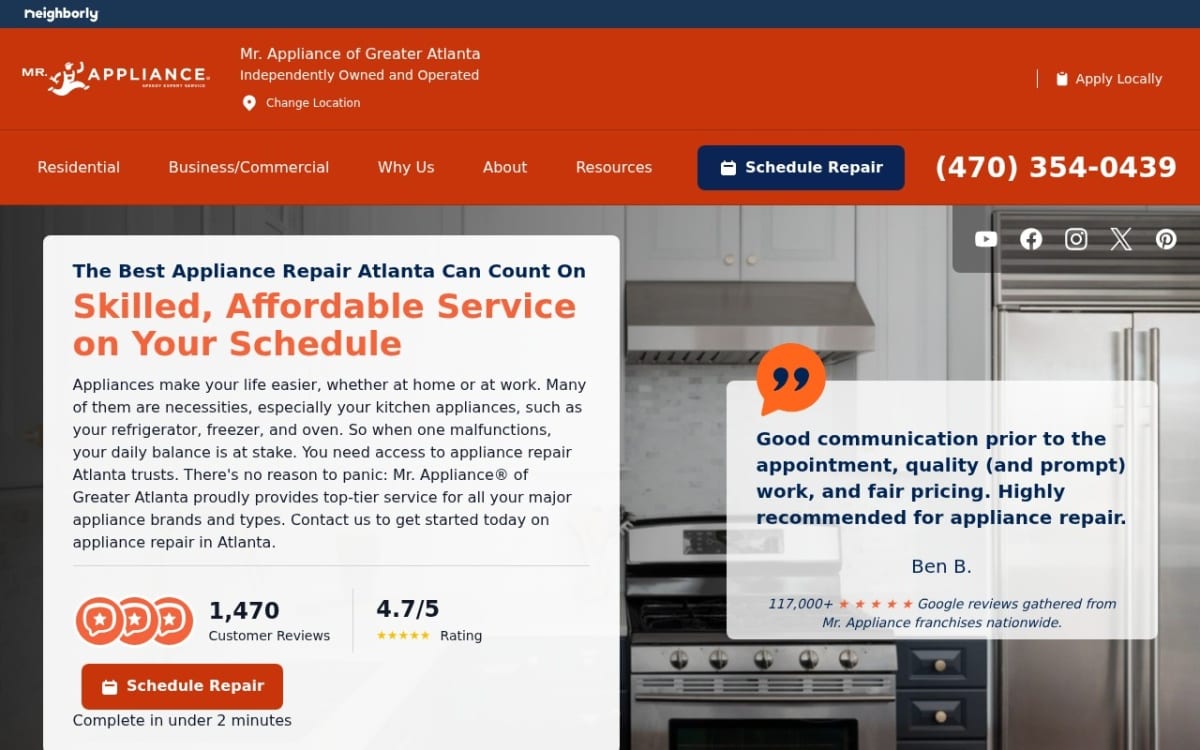 Mr. Appliance of Greater Atlanta appliance repair website homepage