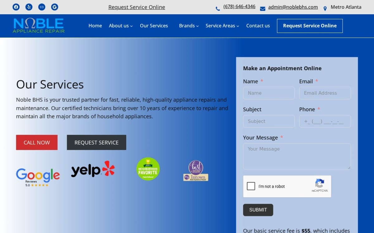 Noble BHS Appliance Repair appliance repair website homepage