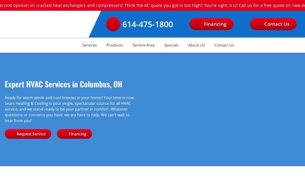 Sears Heating and Cooling appliance repair website homepage