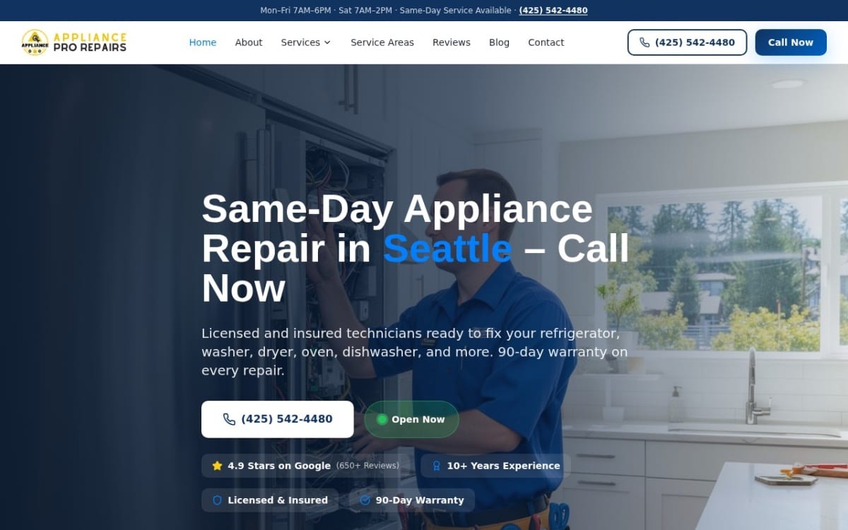 Appliance Pro Repairs appliance repair website homepage