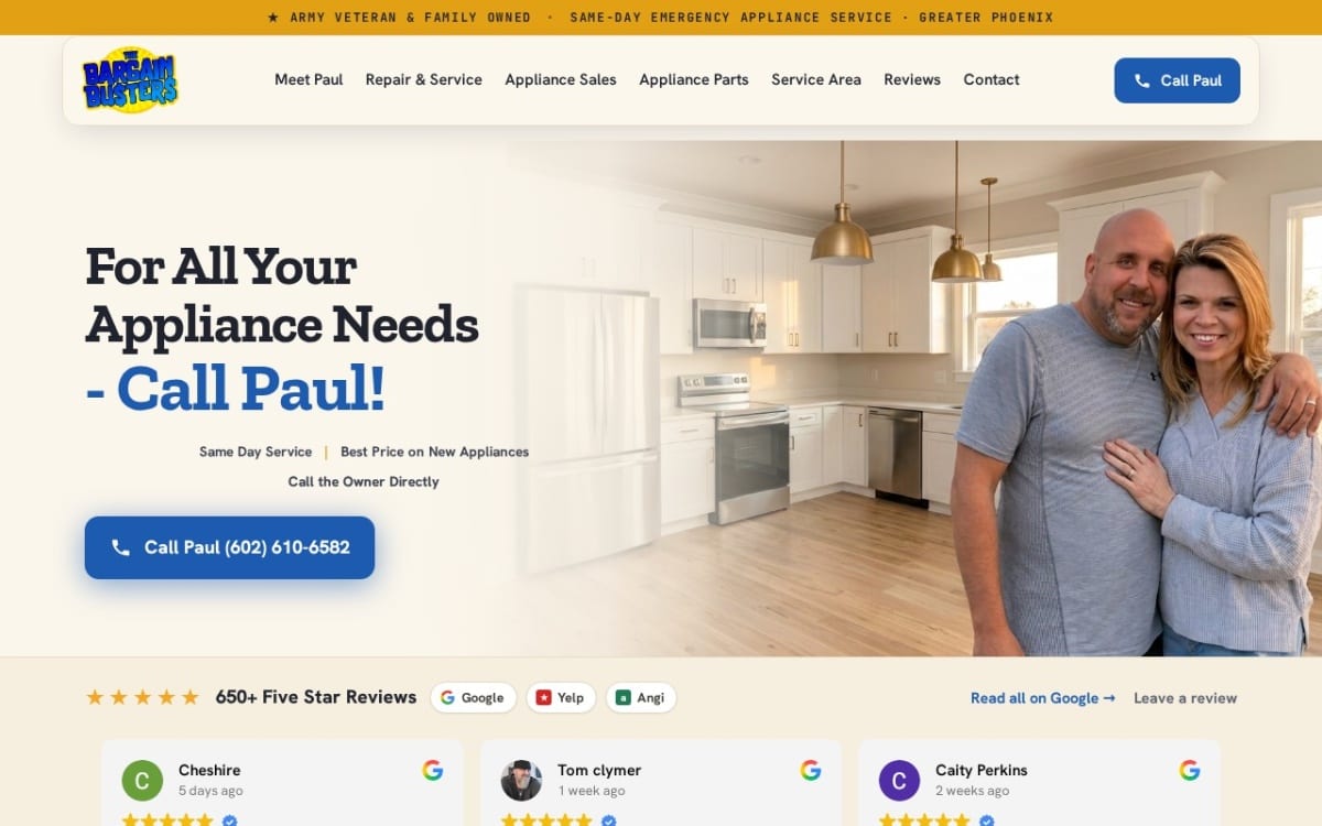 The Bargain Busters Appliance Sales and Service appliance repair website homepage