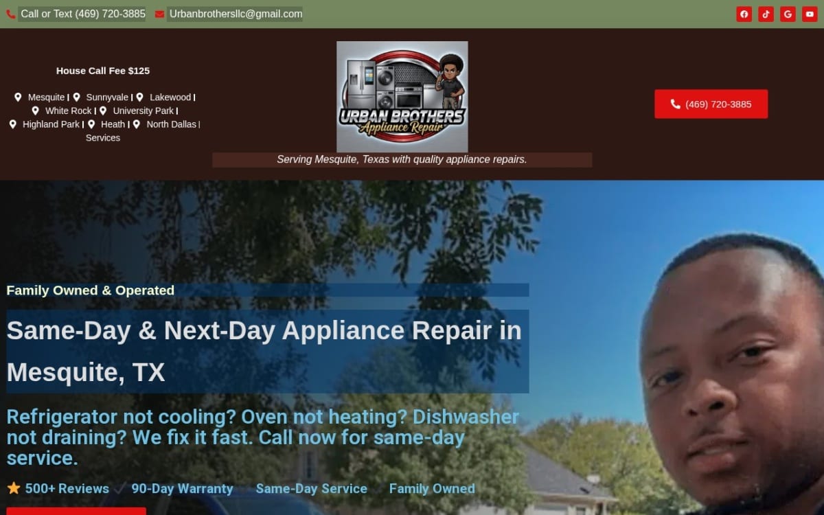 Urban Brothers Appliance Repair appliance repair website homepage