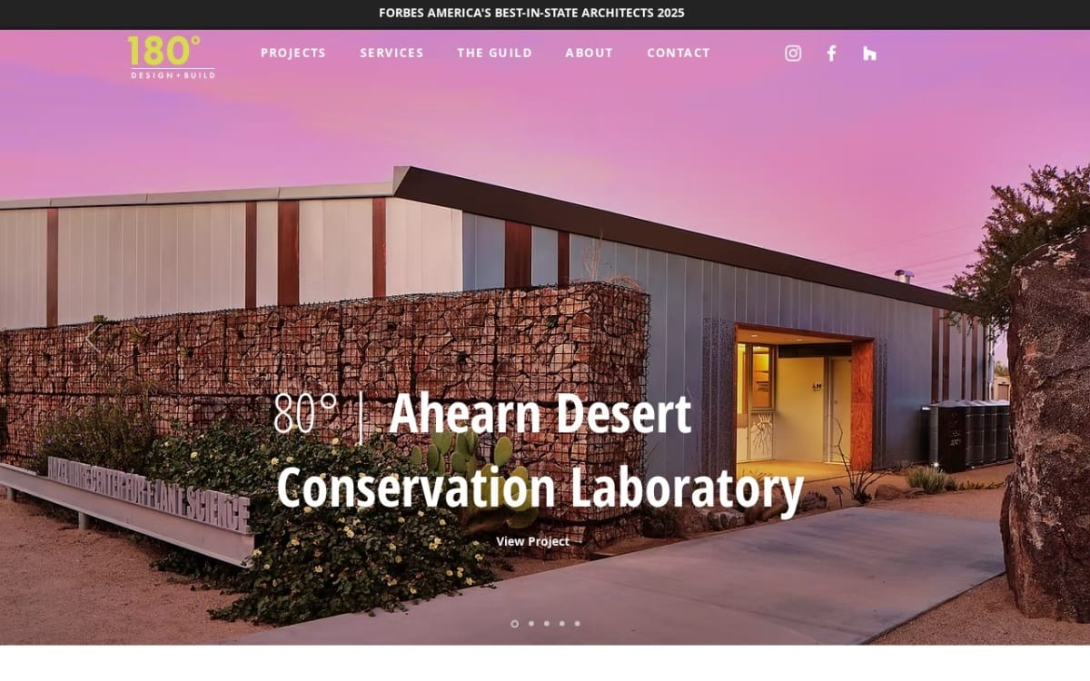 180 Degrees Design + Build architect website homepage