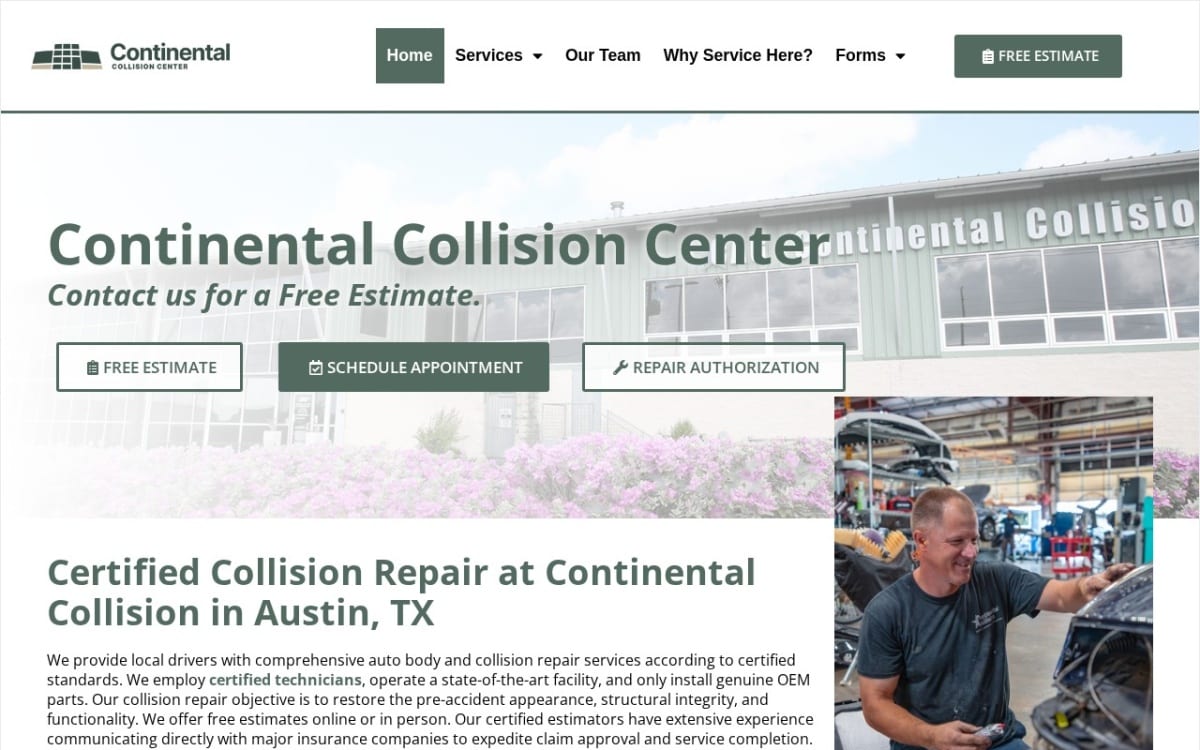 Continental Collision Austin auto body shop website homepage