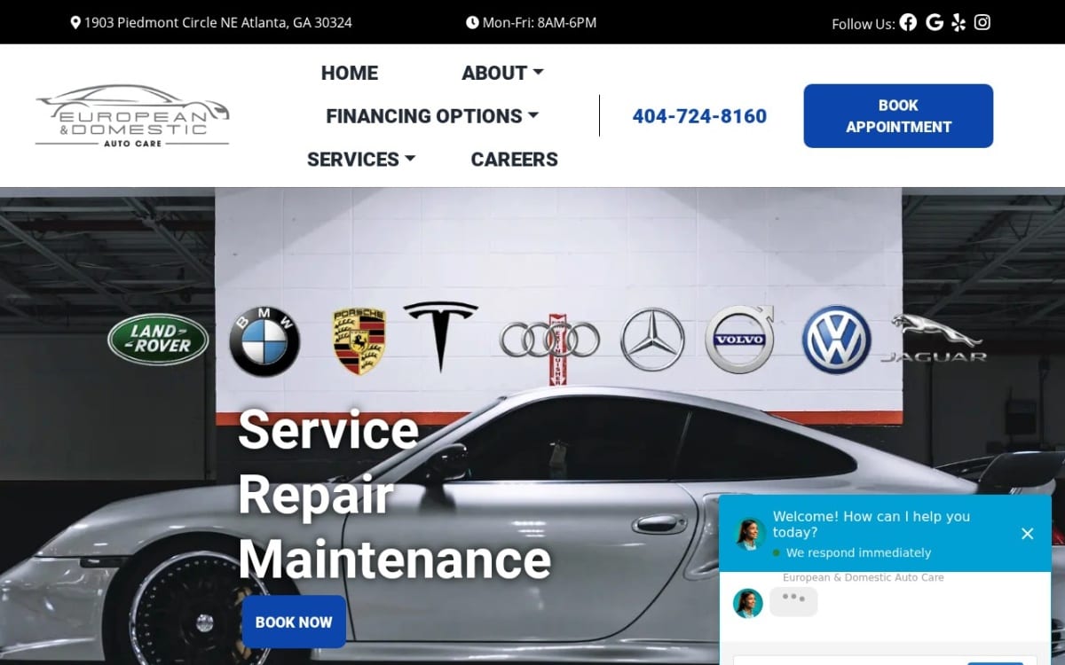 European and Domestic Auto Care auto body shop website homepage