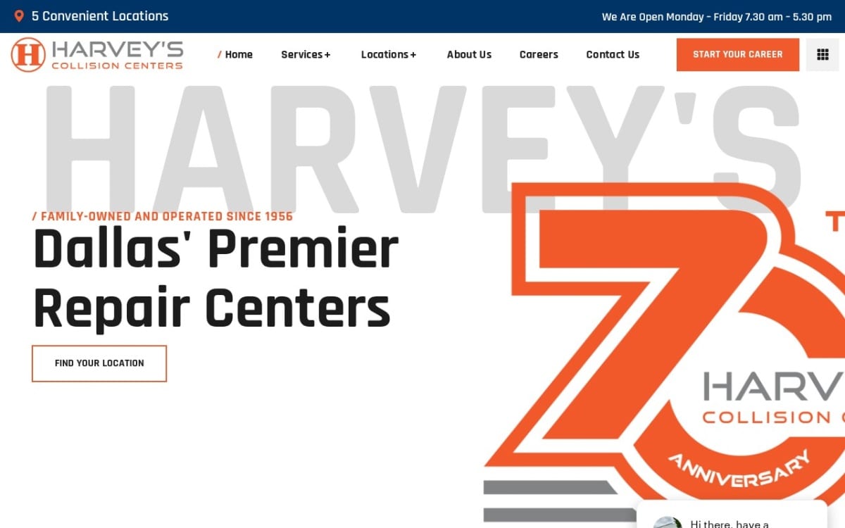 Harvey's Collision Centers auto body shop website homepage