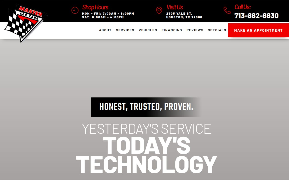 Master Car Care & Collision auto body shop website homepage