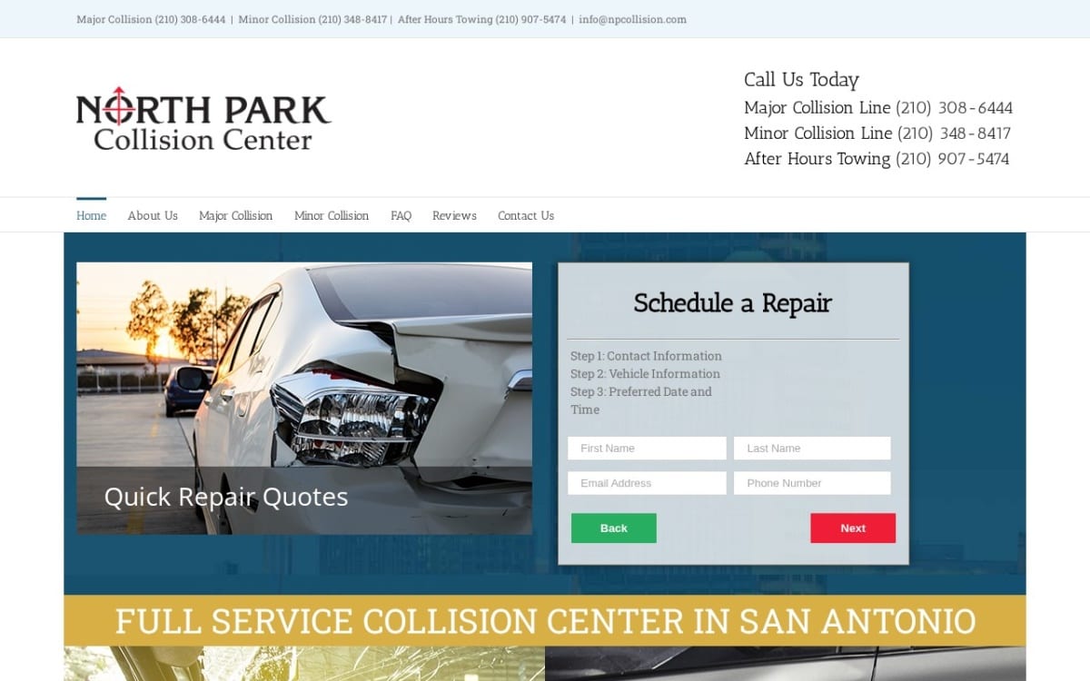 North Park Collision Center auto body shop website homepage