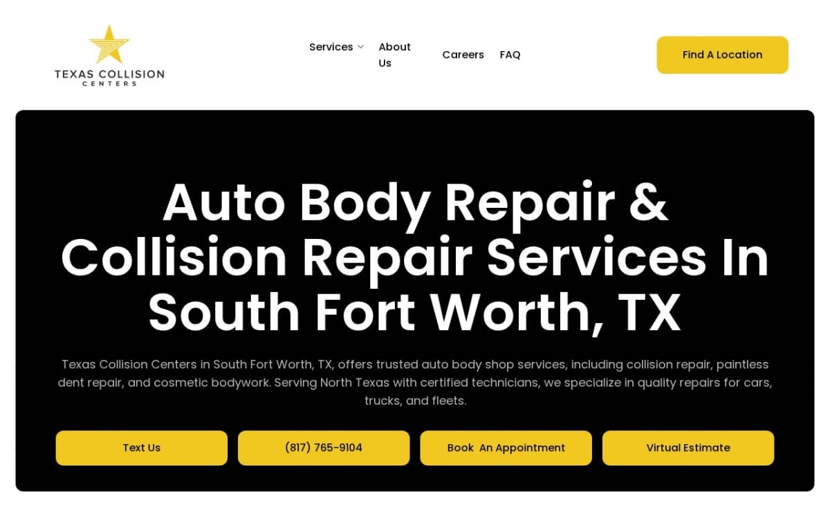 Texas Collision Centers auto body shop website homepage