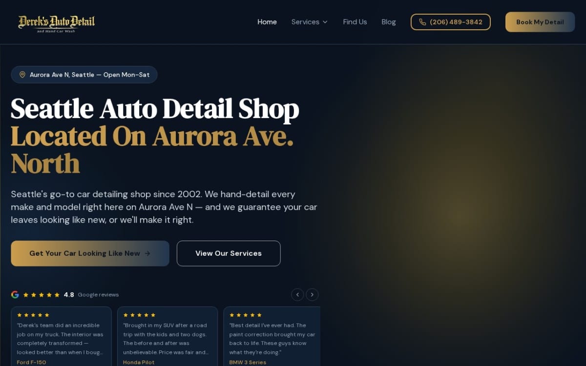 Derek's Auto Detail and Hand Car Wash auto detailing website homepage
