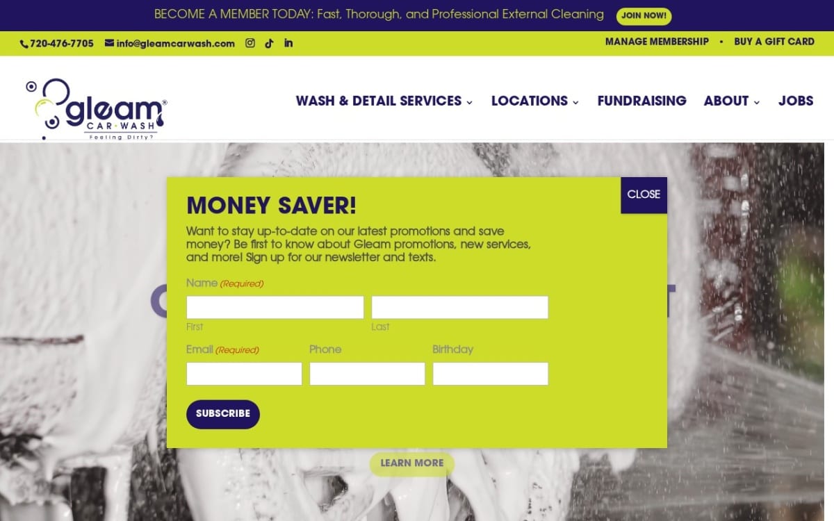 Gleam Car Wash & Detail Center auto detailing website homepage