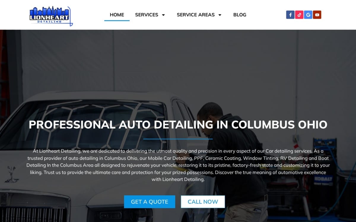 Lionheart Detailing Columbus - Ceramic coating & Tint auto detailing website homepage