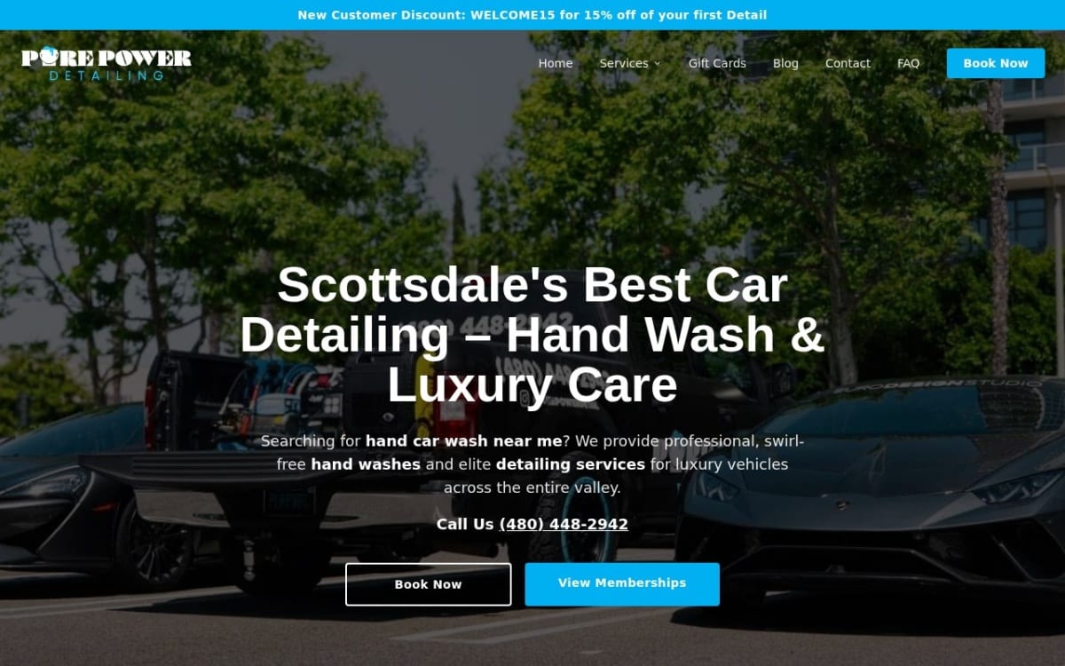 Pure Power Detail auto detailing website homepage