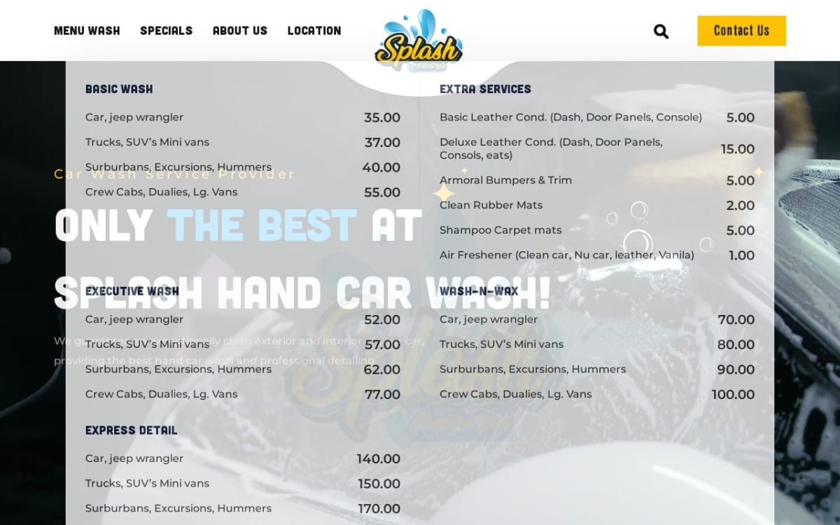 Splash Hand Car Wash and Detail auto detailing website homepage