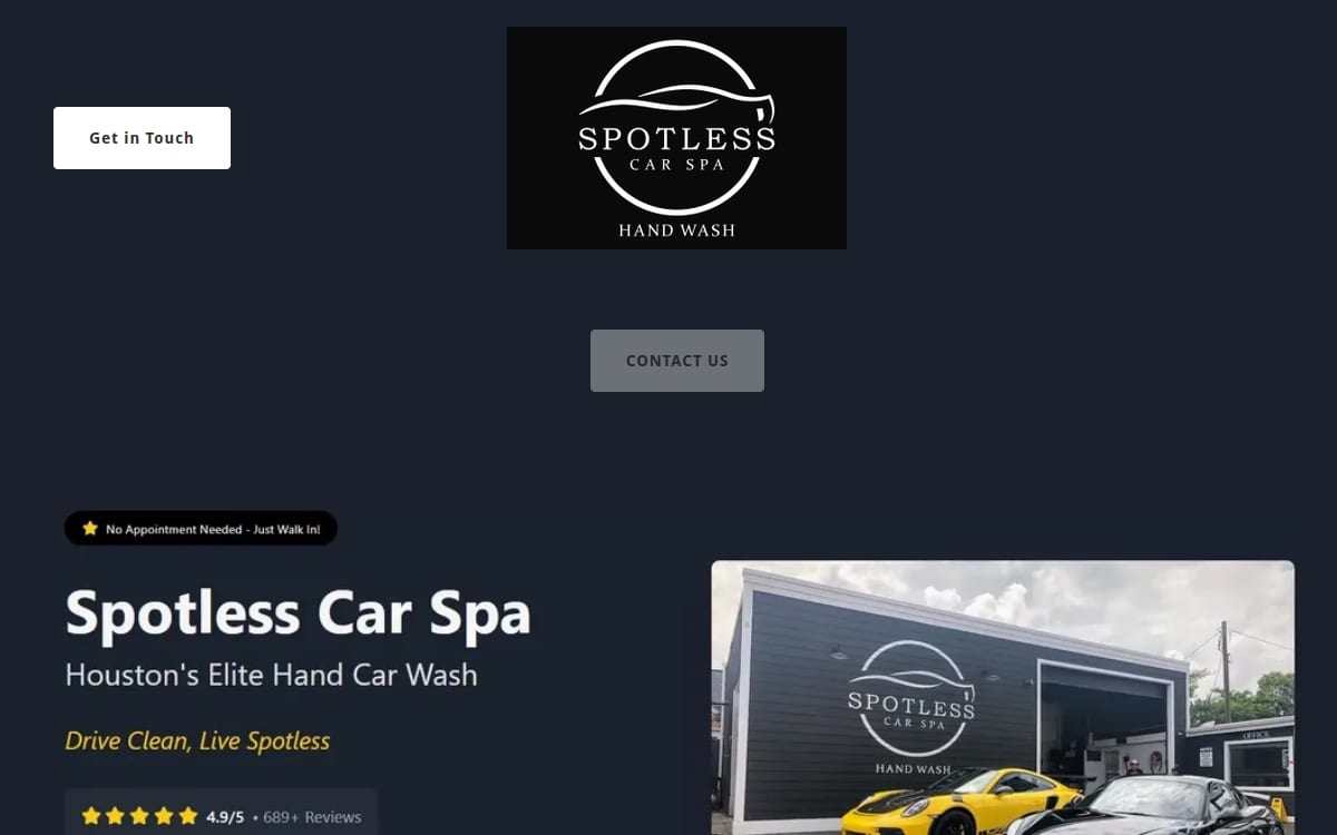 Spotless Car Spa auto detailing website homepage