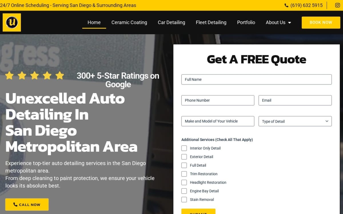 Unexcelled Detailing auto detailing website homepage